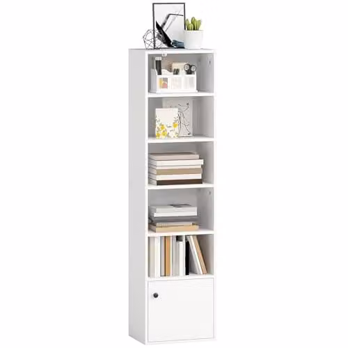 HOMCOM 6-Tier Tall Narrow Bookshelf with 3 Adjustable Shelves, White
