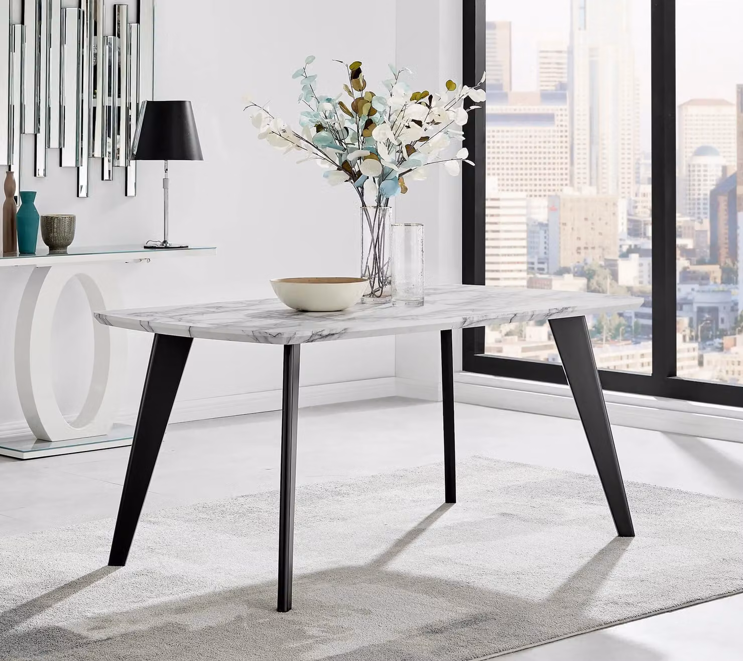 FurnitureboxUK Andria White Marble Effect Dining Table and 6 Pesaro Navy Blue Soft Velvet Chairs W/D/H: 160 x 90 x 75 cm – 2