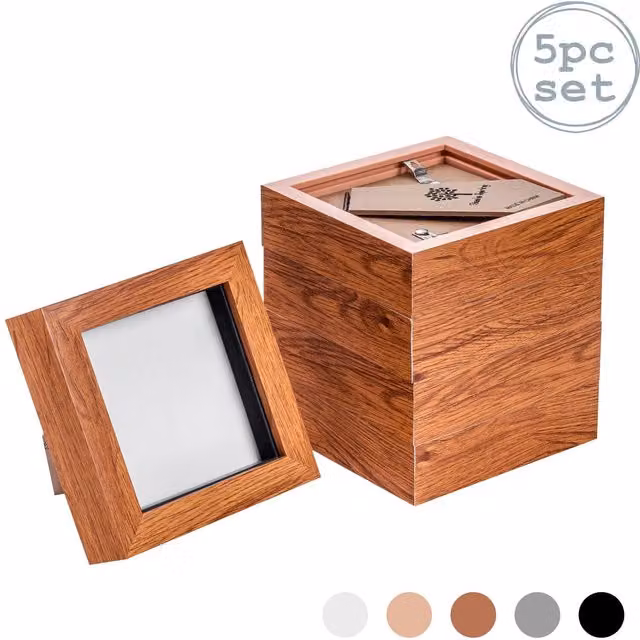 Nicola Spring Pack of 5 Brown Wooden 3D Box Photo Frames, Square, W/D/H: 10.16 x 10.16 x 10.16 cm