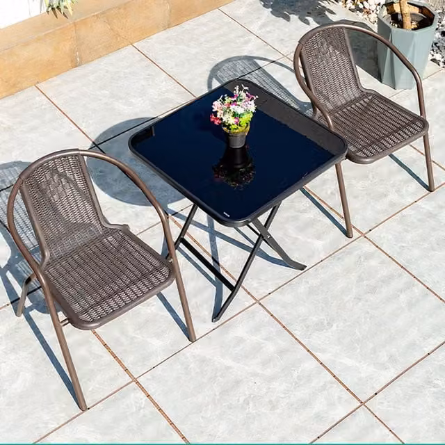 Livingandhome Modern Brown Metal and Glass Bistro Set with Square Table and 2 Chairs for Garden or Balcony