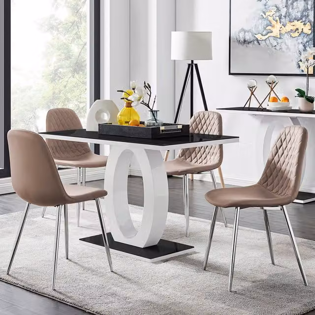 FurnitureboxUK Giovani Black Dining Table and Four Corona Silver Leg Chairs in Cappuccino