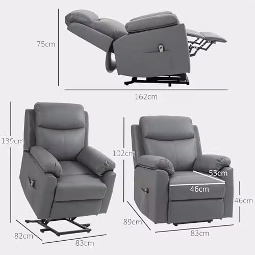 HOMCOM Power Lift Recliner Chair in Grey Faux Leather with Motorised Recline and Armrests – 3
