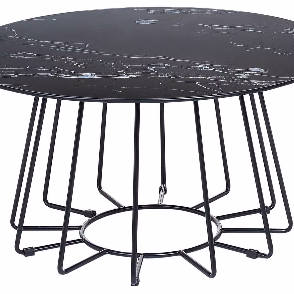 Wyld and Coco Round Marble Effect Coffee Table with Black Tempered Glass, Diameter: 80 cm – 2