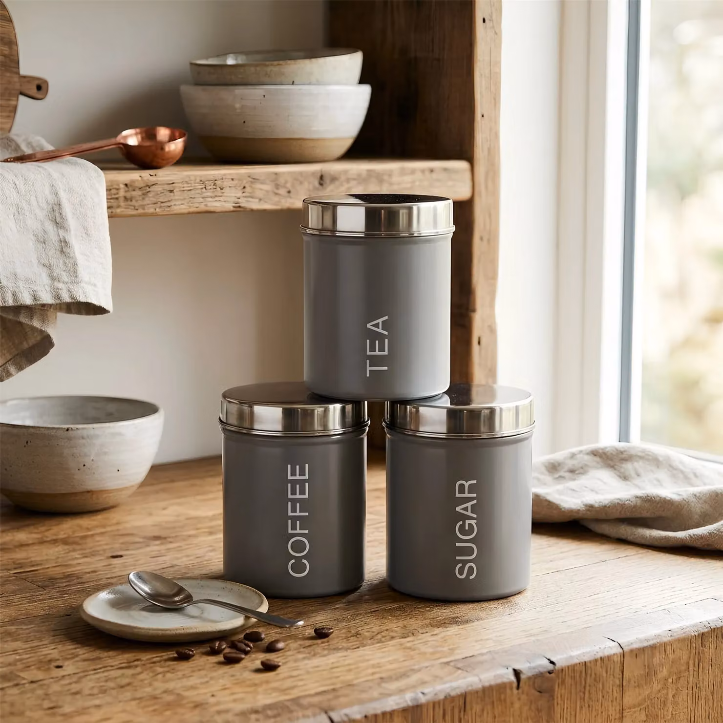 Harbour Housewares 3-Piece Metal Tea Coffee Sugar Canister Set in Grey and White with Airtight Lids – 8