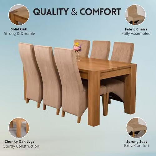 Thats Furniture Kuba Oak Dining Table and 6 Lola Upholstered Beige Fabric Chairs Set, W: 180 cm, D: 90 cm, H: 78 cm – 2