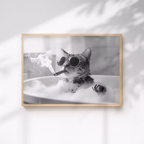 60 Second Makeover Cat Smoking A Cigar In The Bath Quirky Animal Print Paper Poster, A3