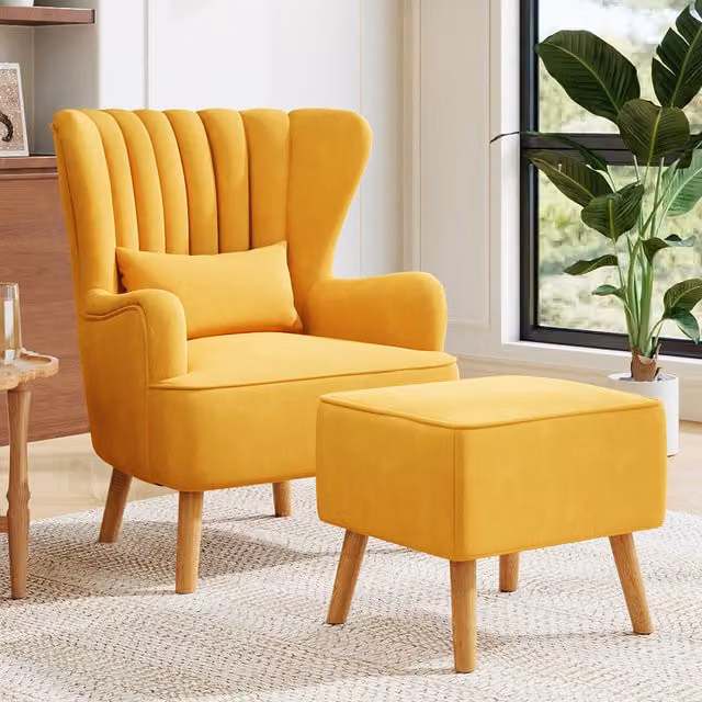 Komore Mid-Century Yellow Velvet Tub Armchair with Matching Ottoman