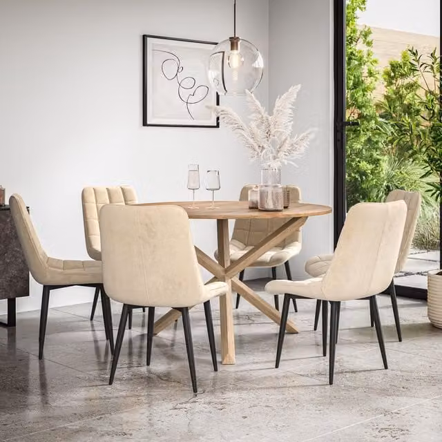 More4Homes Malvern Round Dining Table and 6 Nova Velvet Chairs Set in Beige with Oak Top and Solid Oak Legs, Diameter: 120 cm, Height: 75 cm – 1