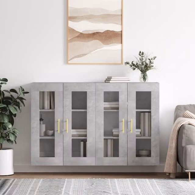 Berkfield Home Set of 2 Wall Mounted Modern Cabinets in Concrete Grey with Glass Doors and Internal Shelves – 1