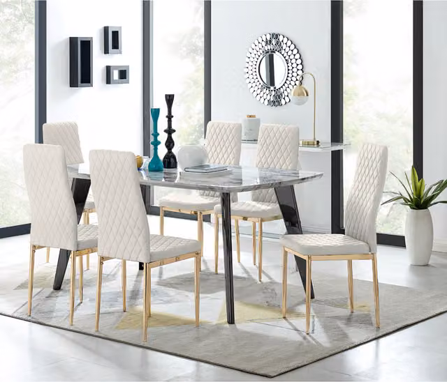 FurnitureboxUK Andria Rectangular Marble Effect Dining Table with 6 Cream Velvet Milan Gold Leg Chairs