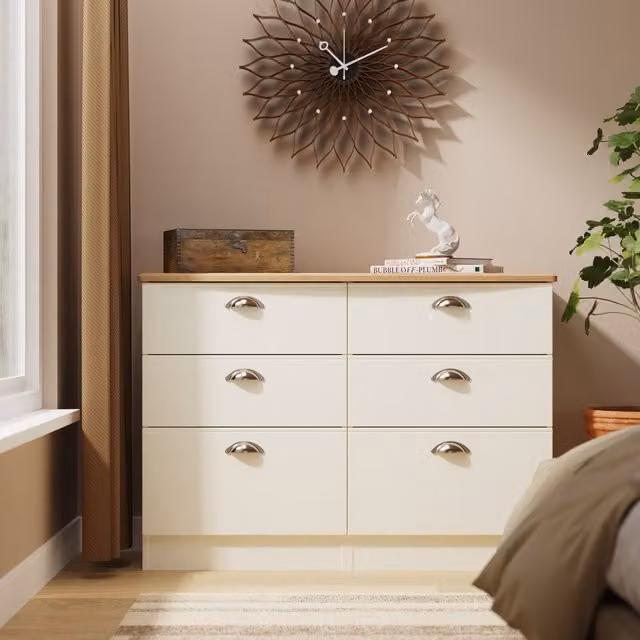 Victoria Ready Assembled 6 Drawer Midi Chest in Cream Ash and Riviera Oak