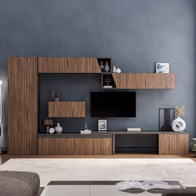 Decorotika Southsea Wall Mounted Modern Entertainment Centre in Black with Geometric Pattern and Open Shelving