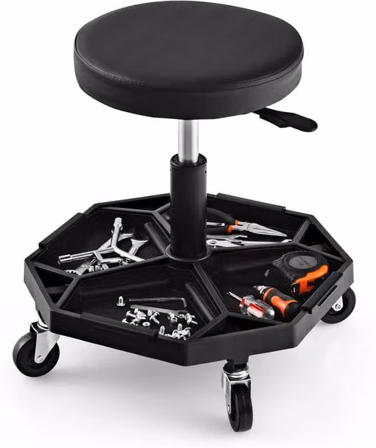 Gymax Black Pneumatic Rolling Garage Stool with Padded Seat and Tool Tray, 150 kg Capacity