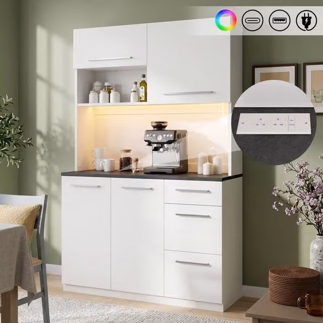 Matteo White Tall Sideboard Cabinet with Integrated Lighting and Glass Doors, W/D/H: 120 x 40 x 180 cm