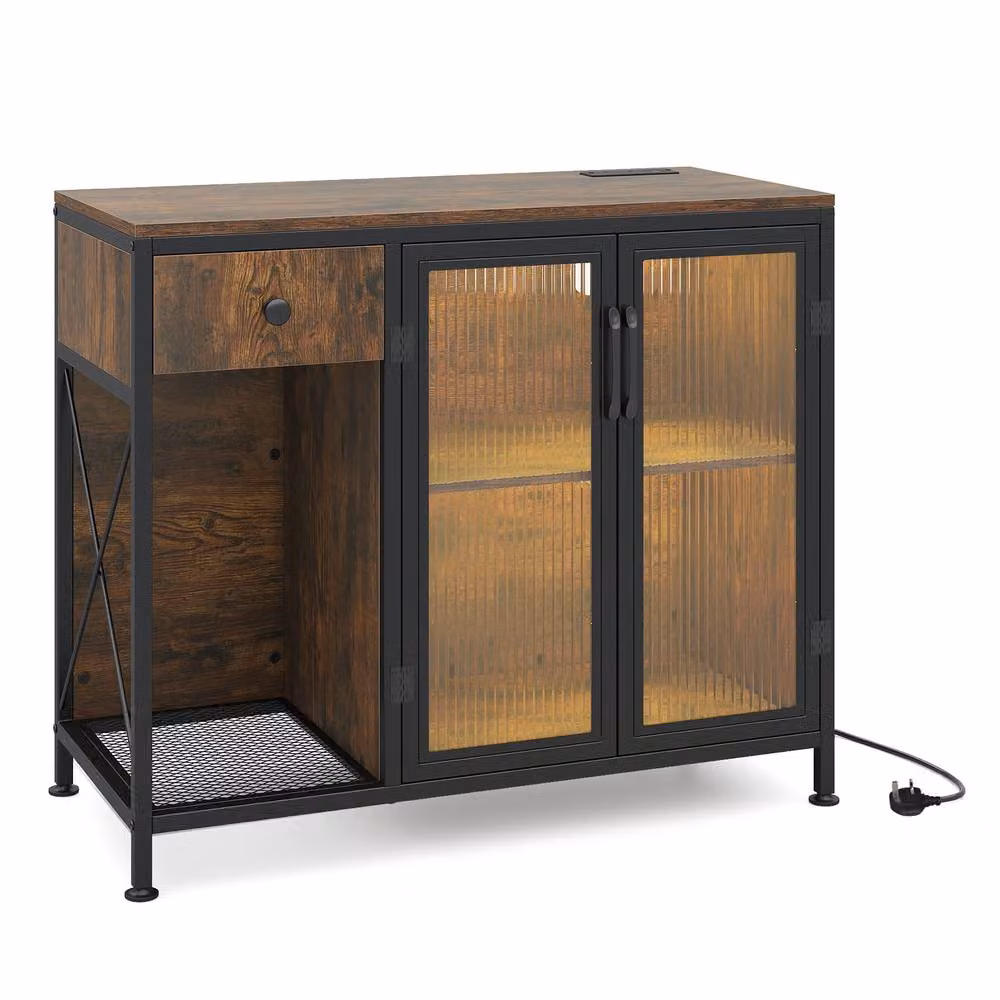 Gymax Brown Industrial Buffet Sideboard with Integrated LED Lighting and Power Outlets – 9