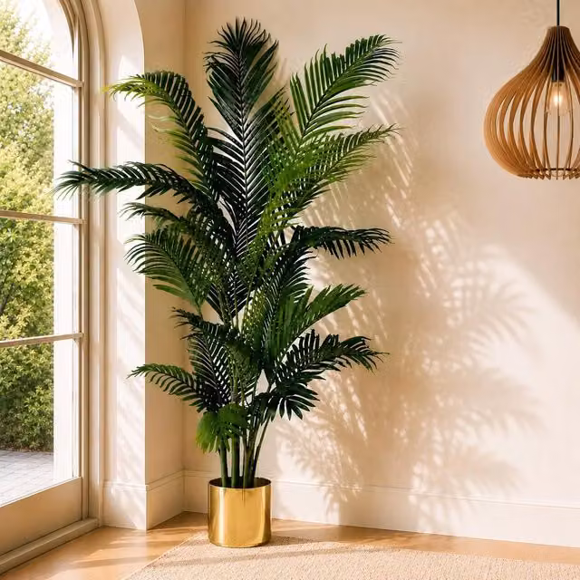 Leaf Extra Large Artificial Palm Tree with Gold Planter in Green, Height: 180 cm