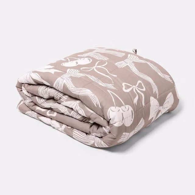 OHS Bow Print Supersoft Weighted Blanket in Beige and Brown