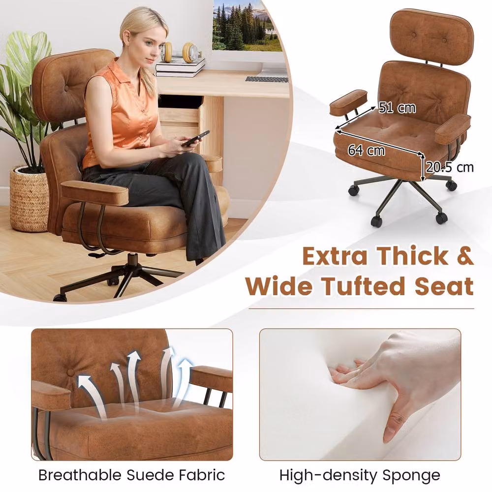Costway Ergonomic Mid-Century Home Office Swivel Chair with Headrest in Brown – 3