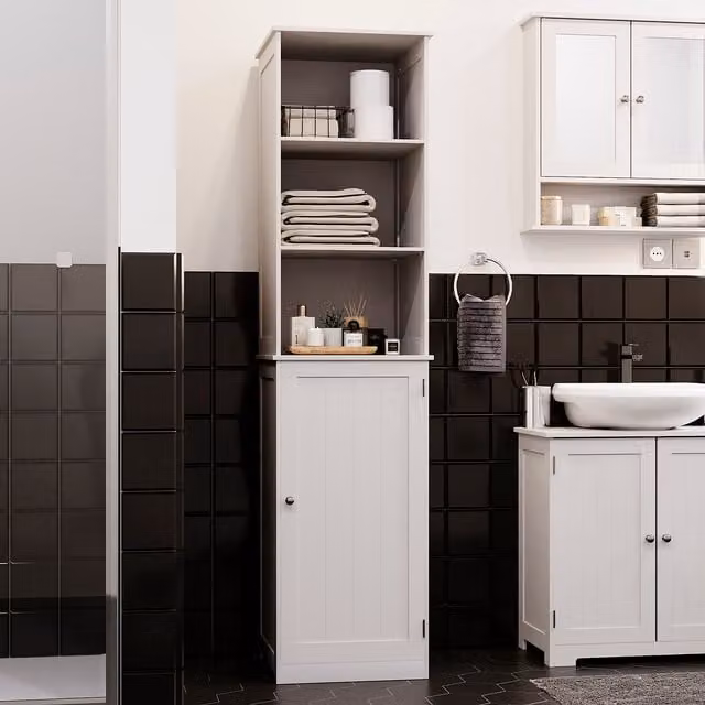 Priano Freestanding White Bathroom Tall Cabinet with 1 Door and 2 Internal Shelves