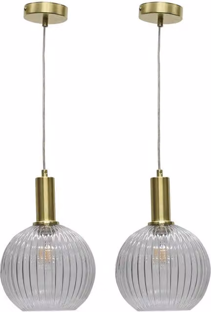 First Choice Lighting Betchley Set of 2 Deco Pendant Lights with Clear Ribbed Glass Globes and Satin Brass Finish – 1