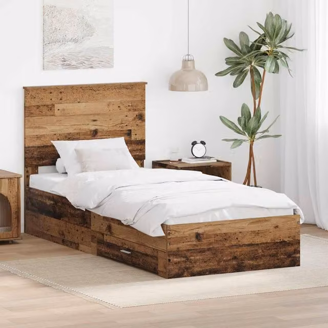 Berkfield Home Bed Frame with Headboard in Old Wood Brown, W/D/H: 90 x 190 cm