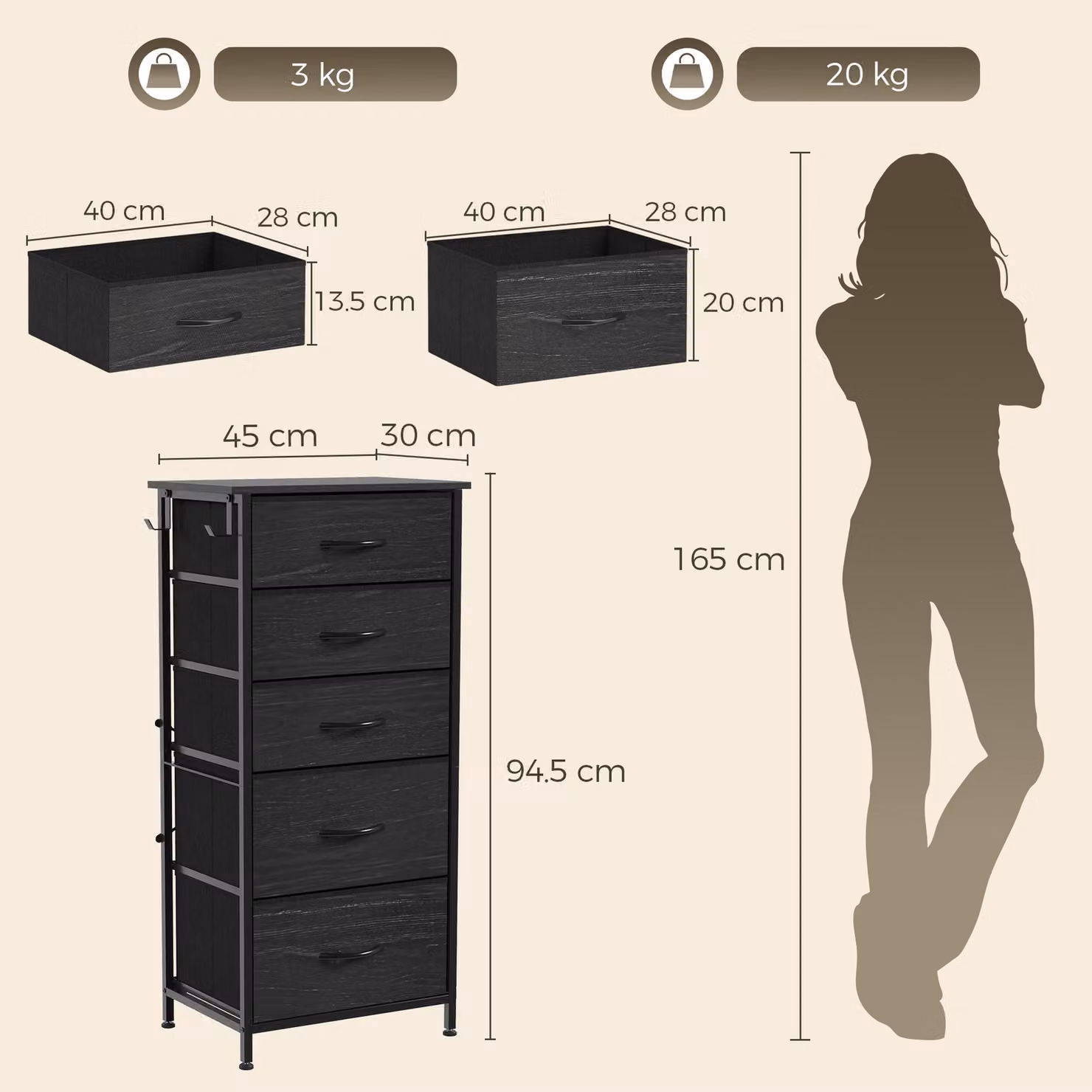 HOMCOM Modern Black Fabric Chest of Drawers with 5 Drawers and Metal Frame – 3