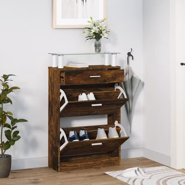 Berkfield Home Smoked Oak Shoe Cabinet in Brown, W/D/H: 63 x 24 x 104 cm – 1