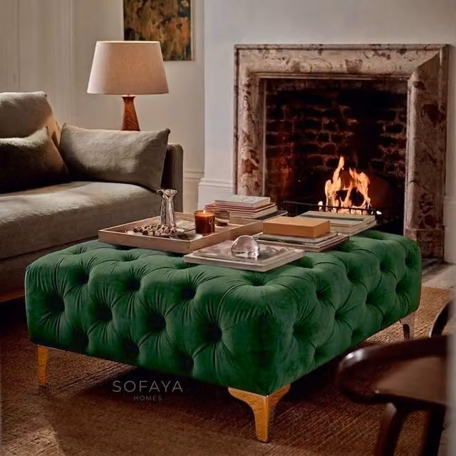 Sofaya Monaco Chesterfield Velvet Foot Stool and Coffee Table in Green, W: 100 cm, D: 80 cm