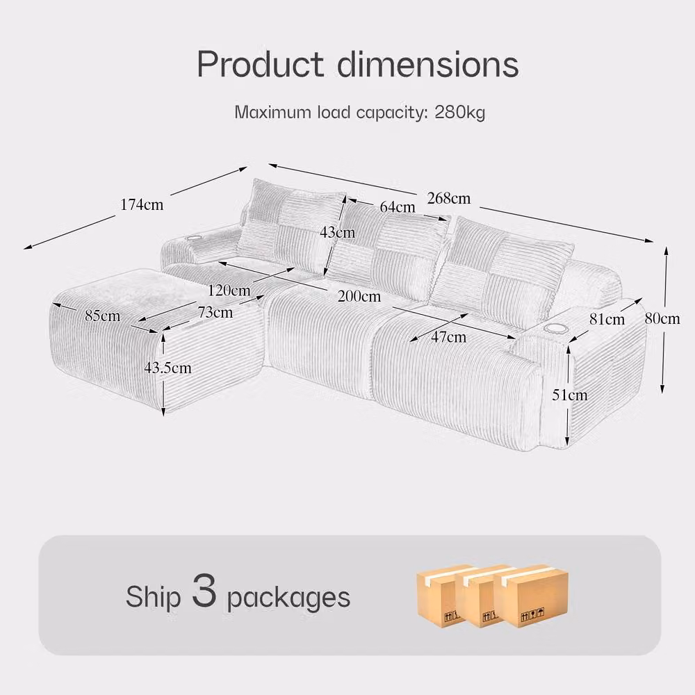 Matteo Black Modular 3-Seater Corduroy Sofa with Cup Holders and Reversible L-Shape Design – 2