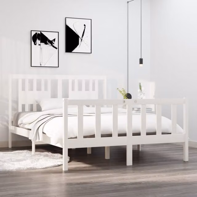 Berkfield Home White Solid Pine Wood Bed Frame W/D/H: 140 x 190 cm