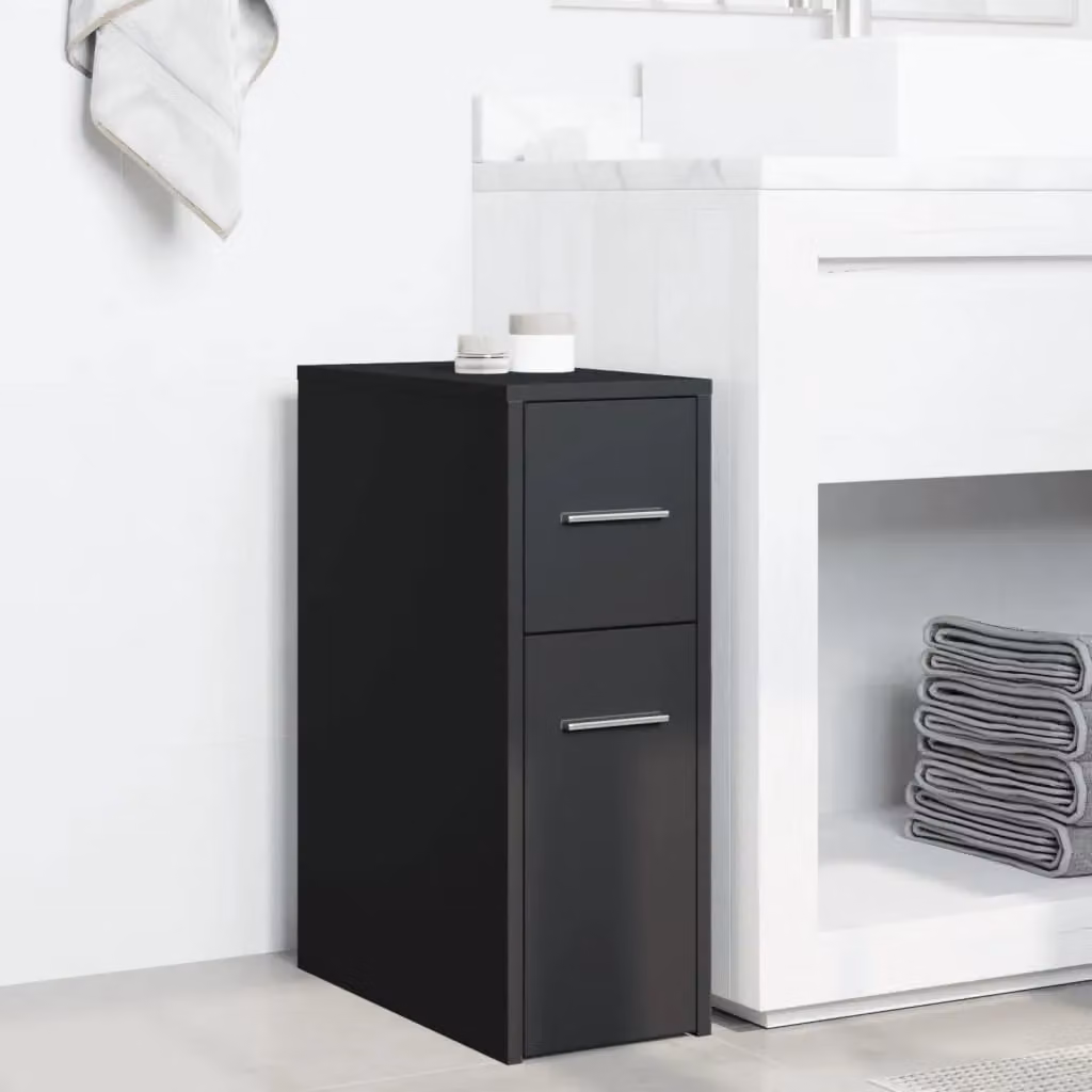 Berkfield Home Narrow Freestanding Bathroom Cupboard with Wheels in Black Matt Engineered Wood – 3