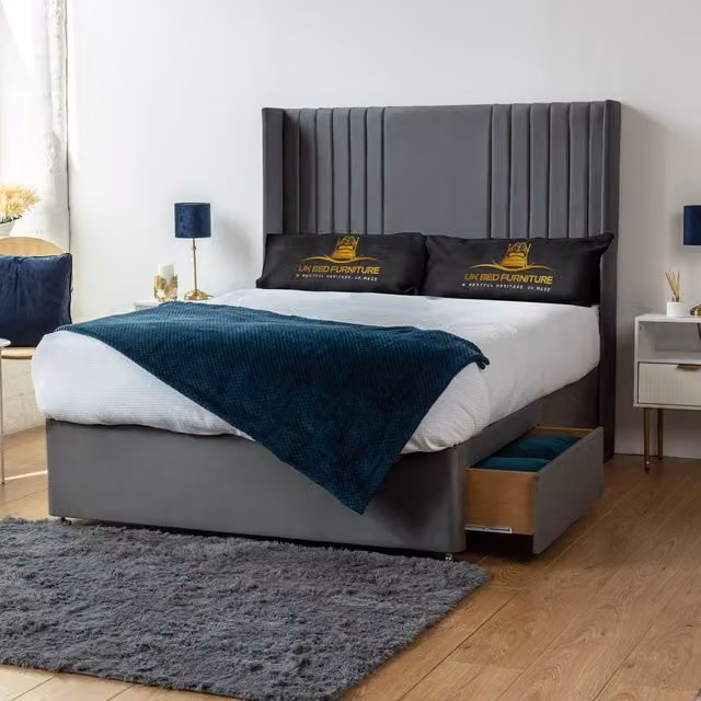 UK Bed Furniture Skyline Wingback Divan Bed with 2 Drawers and 54 Headboard in Charcoal Grey, Super King, 200 x 200 cm