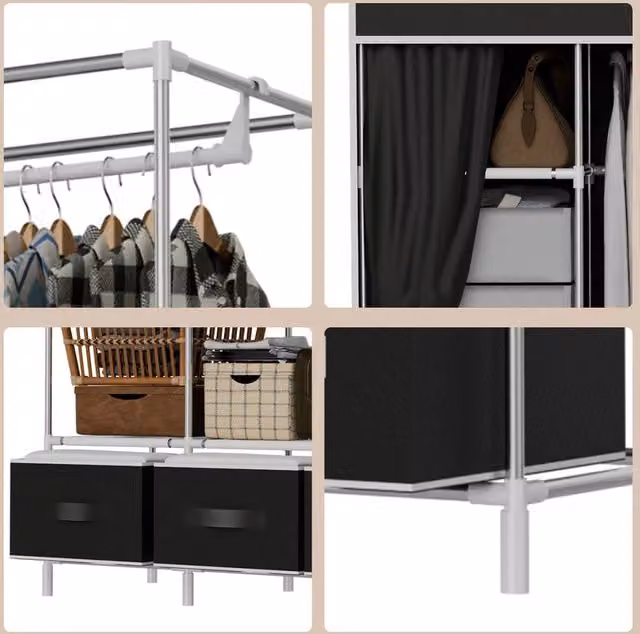 VOGREX Black Canvas Fabric Wardrobe Hanging Rail with Storage Shelf, H 163.0 cm x W 105.0 cm – 1