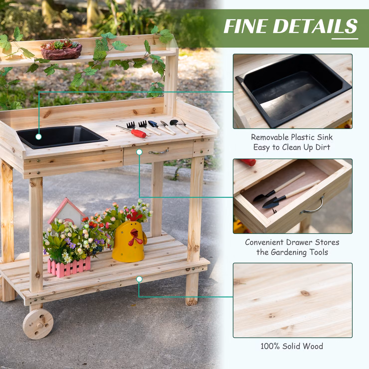 Outsunny Wooden Garden Potting Bench with Sink, Drawer and Storage, Brown, W/D/H: 92 x 45 x 119 cm – 4