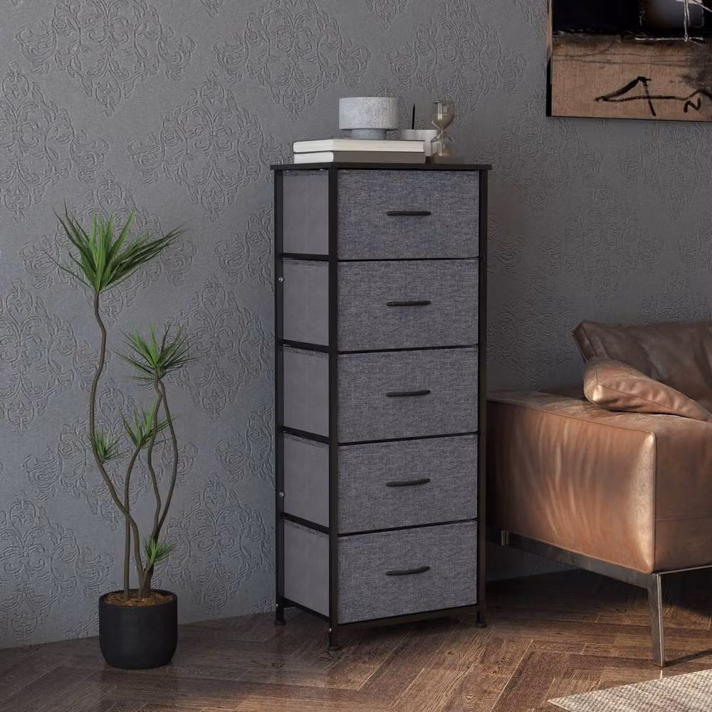 Wyld Haus Ralora 5 Drawer Dresser in Dark Grey Fabric with Steel Frame – 7