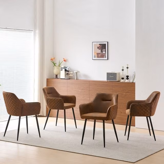 SONARA Set of 4 Modern Brown Faux Suede Dining Chairs with Armrests and Metal Legs