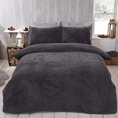 Brentfords Teddy Fleece Duvet Cover and Pillowcase Set, Grey, W/D/H: 200 x 200 cm and 50 x 75 cm – 1