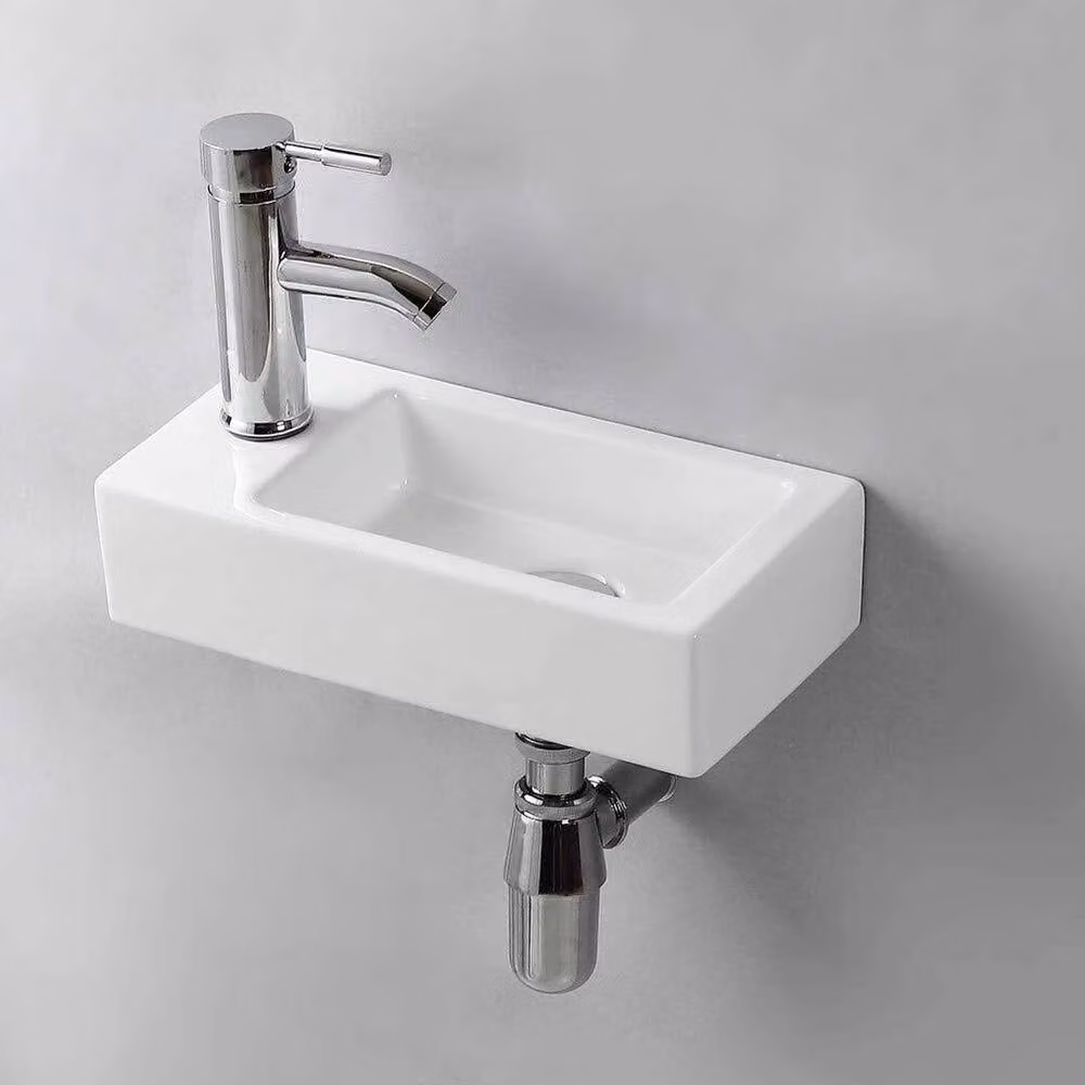 PAWNORA White Ceramic Rectangular Wall Hung Bathroom Cloakroom Hand Wash Basin, W: 37.0 cm, D: 18.0 cm, H: 9.0 cm – 2