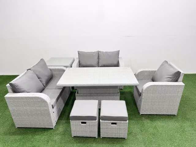 Fimous Grey Poly Rattan Garden Furniture Set with High Back Reclining Chair, 2-Seater Sofa, Ottoman and Coffee Table