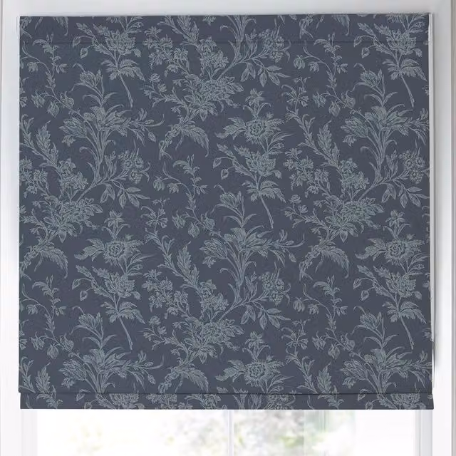 Laura Ashley Lloyd Made to Measure Blackout Roman Blind in Midnight Navy with Leaves and Foliage Pattern