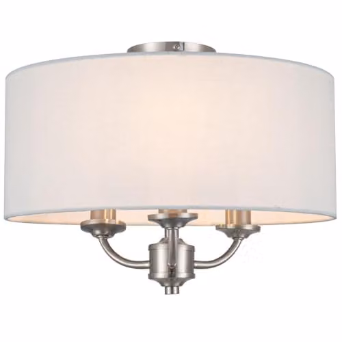 Cosylyte Winston 3-Light Semi Flush Ceiling Light with Silver Base and Beige Fabric Drum Shade, E14 LED Compatible