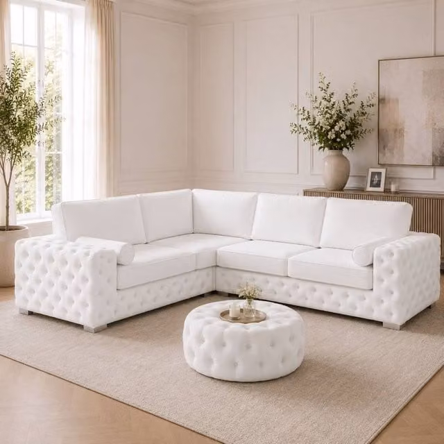Stratus Interiors Ashley Chesterfield Full Back L-Shape Corner Sofa in White Plush Velvet Fabric
