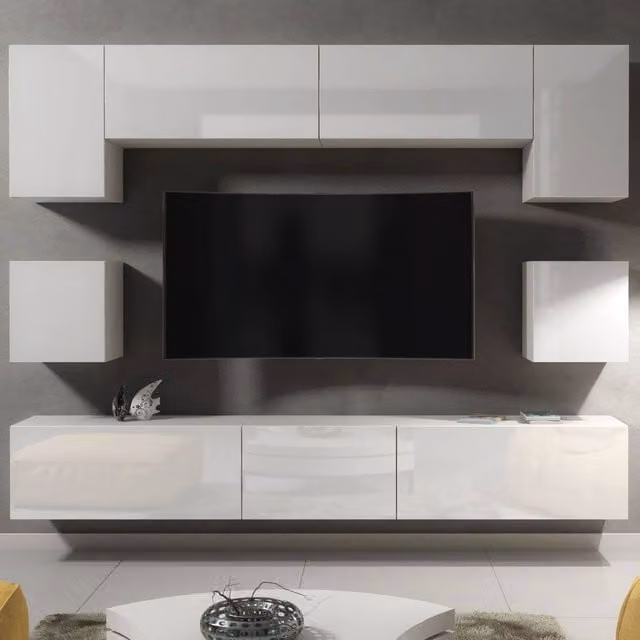 Creative Furniture Panorama Wall Mounted TV Unit in White with Glossy Hinged Doors