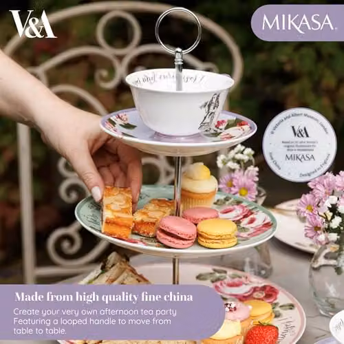 Mikasa and the V&A Alice in Wonderland 3-Tier Cake Stand with Teacup, Multicolour Floral Bone China Afternoon Tea Set – 3