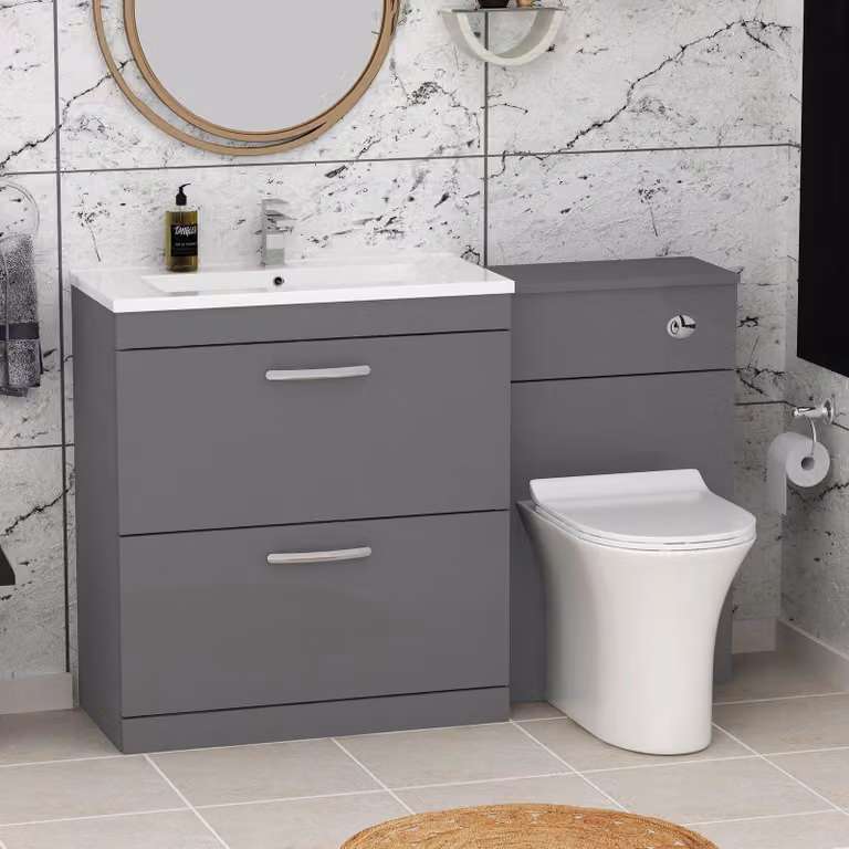 Royal Bathrooms Indigo Grey Gloss 2 Drawer Furniture Pack with Minimalist Basin and Slim Breeze Back to Wall Toilet, Width: 130 cm