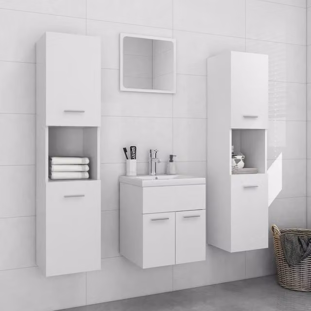 Berkfield Home Modern White Bathroom Furniture Set including Vanity Unit, Tall Cabinet and Mirror Cabinet