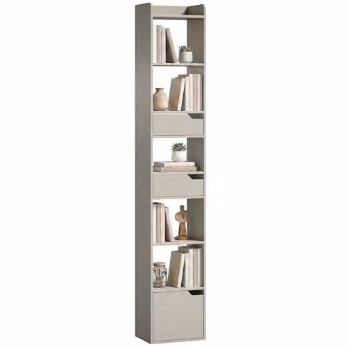 HOMCOM 5-Tier Modern Bookcase with Drawers and Cabinet in Grey, H 181.5 x W 76.7 x D 32 cm