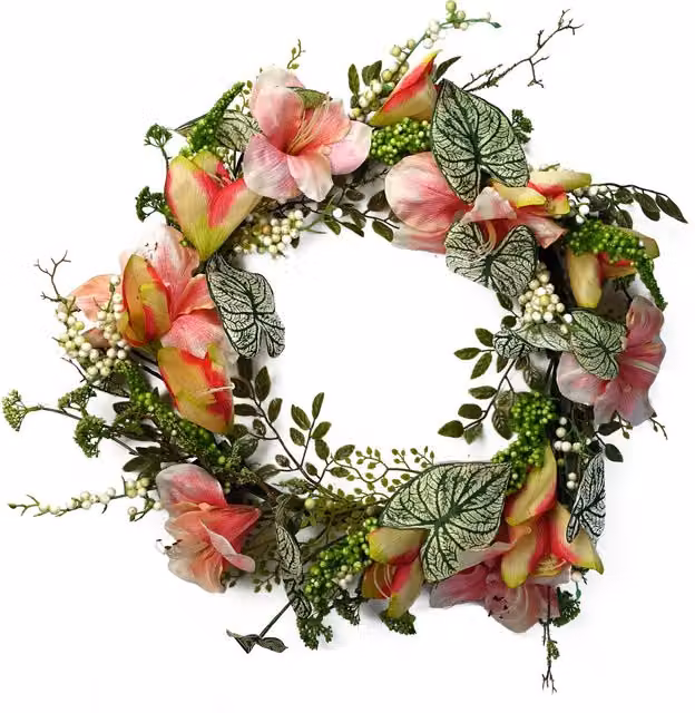 Artificial Pink Lily Floral Wreath with Leaves