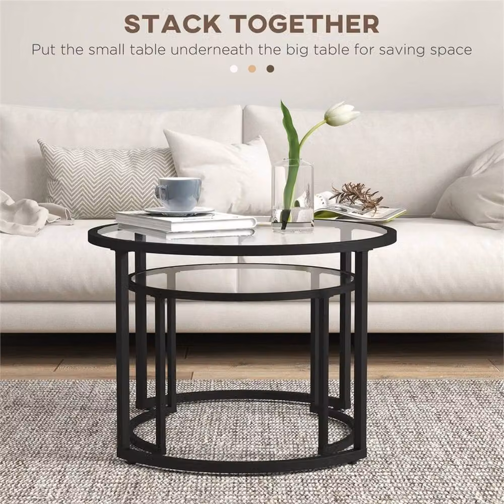 Nordara Black Round Nest of 2 Modern Glass Top Coffee Tables – 5