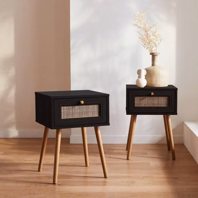 sweeek Pair of Black Woven Rattan Bedside Tables with Drawer